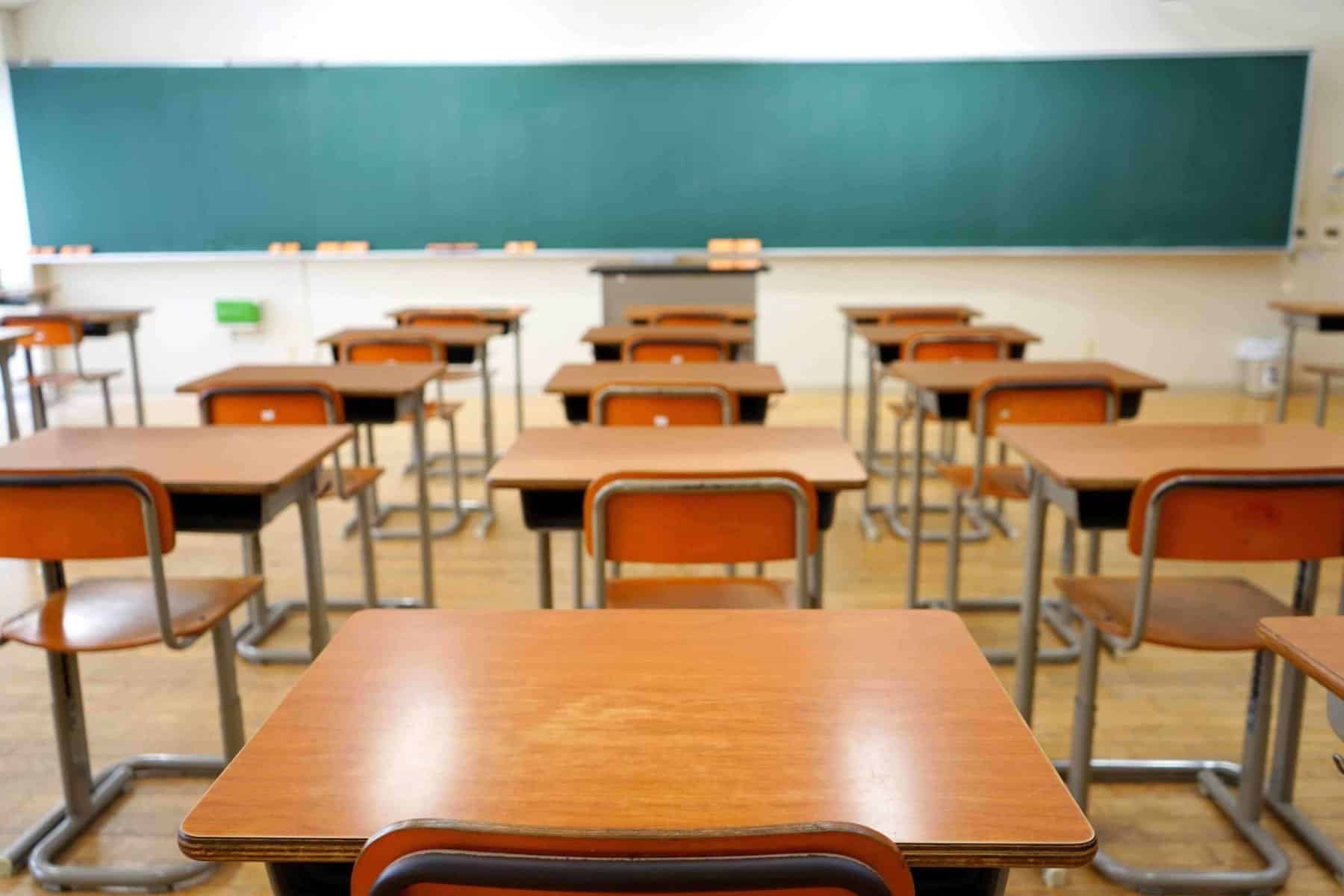Classroom desks and chalkboard